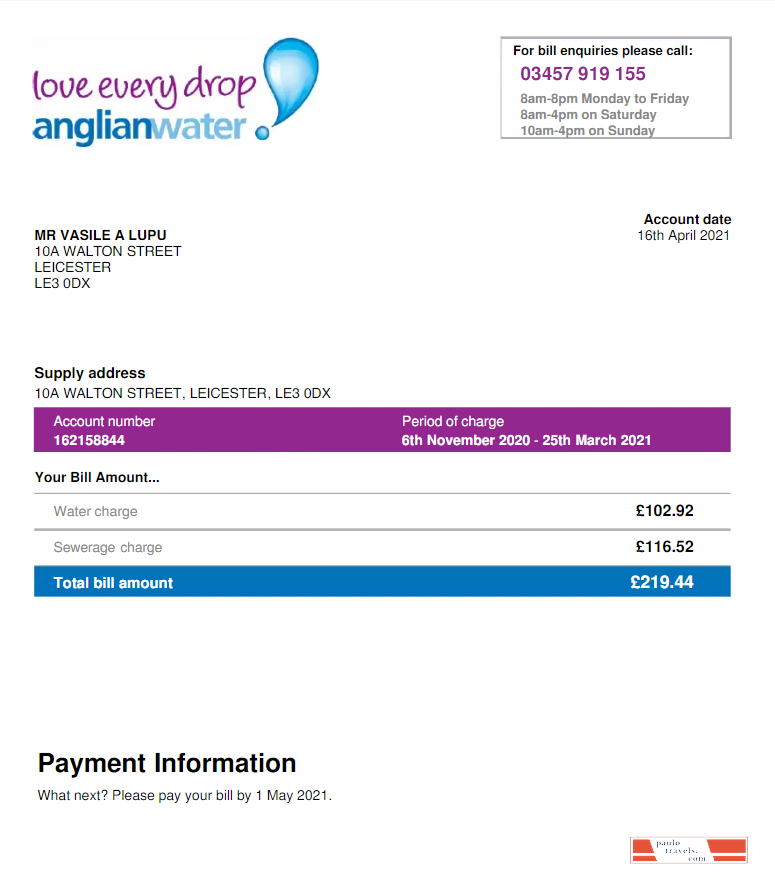 USA ANGLIAN WATER utility bill Word and PDF template